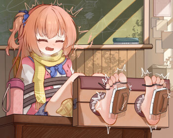 +++ 1girl :d ^^^ ^_^ absurdres afterimage banbanban_li barefoot black_scrunchie blue_bow blue_bowtie blush bound bound_ankles bound_toes bow bowtie breath chinese_commentary classroom closed_eyes commentary_request day facing_viewer fang feet foot_focus full_body furrowed_brow grey_skirt hair_between_eyes hair_ornament hair_scrunchie highres holding_another's_foot inaba_meguru indoors jacket knees_up large_variant_set laughing long_hair miniskirt motion_lines nose_blush one_side_up open_mouth orange_hair pink_jacket plaid_clothes plaid_scarf plaid_skirt pleated_skirt red_eyes restrained saliva sanoba_witch scarf school_uniform scrub_brush scrunchie sidelighting sidelocks sitting skin_fang skirt smile soles solo tearing_up tears tickling tickling_feet toes twitching variant_set white_sleeves window_shadow yellow_scarf