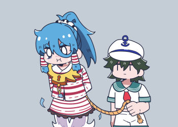 2girls :i anchor_ornament aqua_sailor_collar ascot black_hair blue_hair bound commentary_request crying crying_with_eyes_open cuffs foul_detective_satori ghost_tail grey_background hair_ornament hair_tubes hat high_ponytail highres holding holding_rope jitome miyadeguchi_mizuchi multiple_girls murasa_minamitsu no_nose no_sclera ponytail ray_u red_ascot restrained rope sailor_collar sailor_hat shirt short_hair short_sleeves shorts simple_background skirt skull_hair_ornament striped_clothes striped_shirt striped_skirt tears thick_eyebrows tied_up_(nonsexual) touhou white_shirt white_shorts