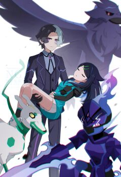 1boy 1girl alternate_color amethio_(pokemon) black_gloves black_hair black_jacket black_pants black_vest bright_pupils carrying ceruledge chromatic_aberration closed_eyes collared_shirt commentary_request corviknight gen_6_pokemon gen_8_pokemon gloves grey_shirt hair_ornament hairclip highres jacket kinoneko_(ekakenaisan) legendary_pokemon liko_(pokemon) nintendo open_clothes open_jacket pants pokemon pokemon_(anime) pokemon_(creature) pokemon_horizons purple_eyes shiny_pokemon shirt short_hair shorts sidelocks vest white_background white_pupils white_shorts zygarde zygarde_(10)