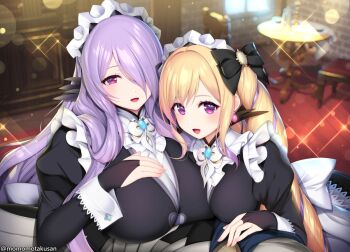 1boy 2girls apron armor black_bow black_dress blonde_hair blush bow breasts bridal_gauntlets brother_and_sister camilla_(fire_emblem) dress drill_hair elise_(fire_emblem) feather_trim fire_emblem fire_emblem_fates grey_armor hair_bow hair_ornament hair_over_one_eye half-siblings headdress indoors juliet_sleeves kashiwamochi_yomogi large_breasts long_hair long_sleeves looking_at_viewer maid maid_apron maid_headdress male_corrin_(fire_emblem) multicolored_hair multiple_girls nintendo nohrian_maid_uniform open_mouth puffy_sleeves purple_eyes purple_hair siblings sisters smile tiara twin_drills twintails very_long_hair wavy_hair white_apron wrist_cuffs