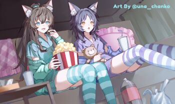 2girls absurdres animal_ear_fluff animal_ears aqua_pajamas aqua_shorts aqua_thighhighs black_hair blue_eyes brown_hair cardigan commission couch food green_cardigan high_ponytail highres indie_virtual_youtuber multiple_girls pajamas ponytail popcorn purple_cardigan purple_pajamas purple_shorts purple_thighhighs sam_(vtuber) second-party_source shorts sitting striped_clothes striped_thighhighs stuffed_animal stuffed_toy teddy_bear thighhighs unacha virtual_youtuber wolf_ears yellow_eyes