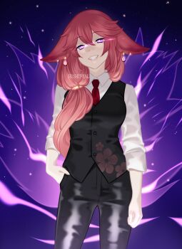 1girl absurdres bad_source eushufeal genshin_impact highres jacket ponytail self-upload shine yae_miko