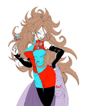 1girl android_21 bare_shoulders black_pantyhose black_sleeves blue_dress blue_eyes breasts brown_hair candy checkered_clothes checkered_dress coat commentary_request detached_sleeves dragon_ball dragon_ball_fighterz dress earrings fenyon food glasses holding holding_candy holding_coat holding_food holding_lollipop holding_unworn_clothes hoop_earrings jewelry lab_coat lollipop long_hair medium_breasts open_mouth pantyhose parted_lips red_dress simple_background sleeveless sleeveless_dress smile solo two-tone_dress unworn_coat unworn_eyewear white_background