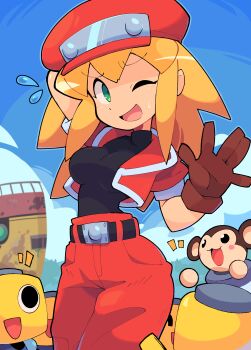 1girl absurdres arm_behind_head bacun belt black_shirt blonde_hair blue_sky breasts brown_gloves newsboy_cap commentary cropped_jacket data_(mega_man) embarrassed english_commentary flying_sweatdrops gloves green_eyes hat highres jacket long_hair medium_breasts mega_man_(series) mega_man_legends_(series) monkey one_eye_closed outdoors pants red_jacket red_pants robot roll_caskett_(mega_man) servbot_(mega_man) shirt short_sleeves sky smile spiked_hair sweatdrop