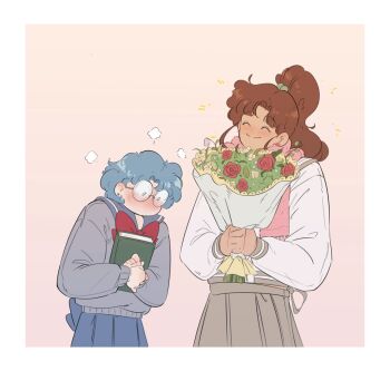 2girls ^_^ animated animated_gif bishoujo_senshi_sailor_moon blue_hair blue_sailor_collar blue_skirt blush book bouquet bow bowtie brown_hair closed_eyes flower grey_sweater hair_bobbles hair_ornament happy high_ponytail holding holding_book holding_bouquet implied_yuri juuban_middle_school_uniform kino_makoto kino_makoto&#039;s_school_uniform long_hair looping_animation mercuri0ff mizuno_ami multiple_girls pink_scarf ponytail red_bow red_bowtie red_flower round_eyewear sailor_collar scarf school_uniform serafuku shirt short_hair skirt smile sweater white_shirt