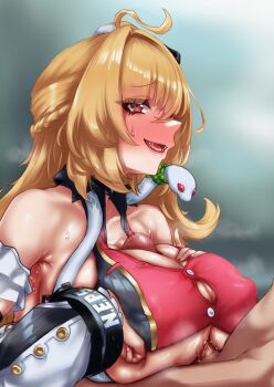 Rule 34 | 1boy, 1girl, ahoge, bare shoulders, blonde hair, breasts, breasts squeezed together, byoushitsu 403, censored, chalky (zenless zone zero), cissia (zenless zone zero), collarbone, commentary request, detached sleeves, erection, fangs, flying sweatdrops, hair ornament, head out of frame, heart, hetero, highres, large breasts, long hair, metal wrist cuffs, mosaic censoring, motion lines, open mouth, paid reward available, paizuri, paizuri under clothes, penis, pom pom (clothes), pom pom hair ornament, red eyes, snake, sweat, white snake, zenless zone zero