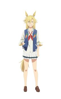 Rule 34 | 1girl, animal ears, anime coloring, blonde hair, blue jacket, breasts, brown shoes, carrot print, collared shirt, ear ornament, flipped hair, food print, full body, hair between eyes, hand in pocket, highres, horse ears, horse girl, horse tail, jacket, kasamatsu tracen school uniform, loafers, long hair, long sleeves, looking at viewer, medium breasts, miyahara takuya, official art, open clothes, open jacket, open mouth, pleated skirt, red ribbon, ribbon, rudy lemono (umamusume), school uniform, sharp teeth, shirt, shoes, simple background, skirt, sleeves pushed up, smile, solo, standing, tail, teeth, thighs, transparent background, umamusume, umamusume: cinderella gray, untucked shirt, v-shaped eyebrows, white shirt, white skirt, yellow eyes