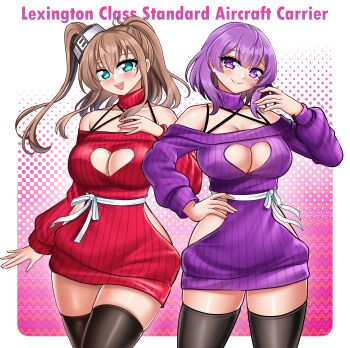 2girls absurdres battle_effectiveness_award belt black_thighhighs blue_eyes blush breasts brown_hair cleavage cleavage_cutout clothing_cutout commentary cowboy_shot dated detached_sleeves dress english_commentary english_text hair_between_eyes halterneck hand_on_own_hip heart_cutout high_side_ponytail highres hip_vent kantai_collection katou_shinobu large_breasts lexington_(kancolle) long_hair looking_at_viewer multiple_girls open_mouth purple_eyes purple_hair purple_sweater red_dress ribbed_sweater short_hair side_ponytail smile smokestack_hair_ornament sweater sweater_dress thighhighs virgin_killer_sweater white_belt