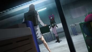 1boy 2girls animated anime_screenshot blood bouncing_breasts breast_press breasts breasts_squeezed_together cleavage dressing electricity electro_wave_human_tackle falling indoors injury kicking large_breasts laughing long_hair looking_at_another multiple_girls muscular muscular_female nosebleed okada_yuriko punching ryona shocker_(kamen_rider) sound surprised tagme toujima_tanzaburou_wa_kamen_rider_ni_naritai transformation twintails video violence wide_hips yukarisu