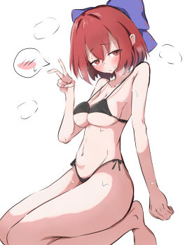 1girl :/ bikini black_bikini black_bra black_panties blush bow bra breasts breath commentary_request furrowed_brow hair_between_eyes hair_bow highres isgod looking_at_viewer medium_breasts mixed-language_commentary navel panties red_eyes red_hair seiza sekibanki short_hair shy simple_background sitting solo speech_bubble spoken_blush steam stomach sweat sweatdrop swimsuit touhou underwear v white_background