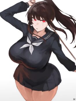 1girl arm_up artist_name black_dress black_sailor_collar black_serafuku black_shirt black_skirt bokken borrowed_character breasts brown_hair commentary_request cowboy_shot dress floating_hair fukuya_art gradient_background grey_background high_ponytail highres holding holding_behind_back holding_sword holding_weapon holding_weapon_behind_back huge_breasts long_hair long_sleeves looking_at_viewer miniskirt mixed-language_commentary neckerchief original parted_lips pleated_skirt ponytail red_eyes sailor_collar scar scar_across_eye scar_on_face school_uniform serafuku shirt sidelocks skirt solo standing sword two-tone_background weapon white_background white_neckerchief wooden_sword