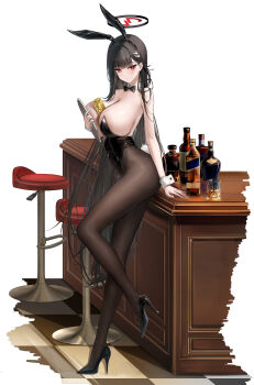 1girl absurdres alternate_costume animal_ear_hairband animal_ears between_breasts black_hair black_hairband black_halo black_leotard black_pantyhose black_shoes blue_archive blush breast_press breasts cleavage closed_mouth commentary fake_animal_ears hairband halo high_heels highres holding holding_tray huge_breasts leotard long_hair looking_at_viewer multicolored_halo pantyhose playboy_bunny rabbit_ear_hairband rabbit_ears red_eyes red_halo revision rio_(blue_archive) sab_(sab2500) shoes sideboob solo standing standing_on_one_leg strapless strapless_leotard tray two-tone_halo very_long_hair white_background white_wrist_cuffs wrist_cuffs