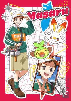 1boy absurdres alternate_costume bag brown_eyes brown_hair brown_shoes character_name gen_4_pokemon gen_8_pokemon green_socks grin grookey hand_up hat highres holding_strap long_sleeves male_focus nintendo outline pokemon pokemon_swsh rotom rotom_phone scorbunny shiba_(tonari_no_shiba_inu) shoes short_hair shorts smile socks teeth victor_(pokemon) watermark white_hat