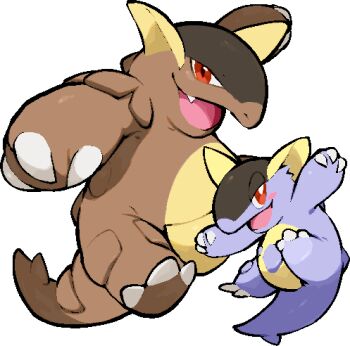 blush blush_stickers bright_pupils claws commentary_request fang full_body gen_1_pokemon kangaskhan kawaanago lowres mega_kangaskhan mega_pokemon mother_and_child nintendo no_humans open_mouth pokemon pokemon_(creature) pokemon_focus red_eyes smile transparent_background white_pupils
