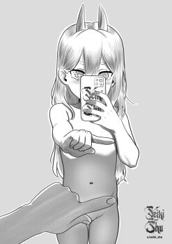 1girl aged_down artist_name blush cellphone chainsaw_man completely_nude convenient_censoring covering_crotch covering_nipples covering_privates cross-shaped_pupils demon_horns fingernails flat_chest grey_background greyscale hair_between_eyes holding holding_phone horns loli long_hair looking_at_viewer monochrome navel nude phone pov power_(chainsaw_man) selfie shimetta_masuta simple_background smartphone solo symbol-shaped_pupils taking_picture