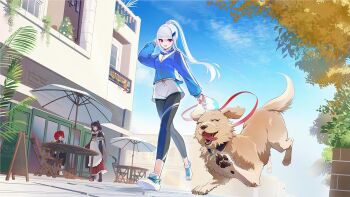 3girls ^_^ alternate_costume ange_katrina ange_katrina_(5th_costume) animalization apron arm_up bag balcony black_leggings blue_hair blue_jacket blue_sky blunt_bangs braid breasts brown_dog brown_hair building cafe chair chalkboard_sign closed_eyes colored_inner_hair commentary_request day dog furen_e_lustario group_name hair_ornament high_ponytail holding holding_bag holding_leash holding_tray inui_toko inui_toko_(1st_costume) jacket japanese_clothes leash leggings leggings_under_shorts lize_helesta long_hair long_sidelocks long_sleeves looking_at_animal looking_down maid multicolored_hair multiple_girls nijisanji no_socks open_mouth outdoors parasol pet_walking ponytail ponytail_with_braided_base purple_eyes red_hair sanbaka_(nijisanji) shoes shorts sidelocks sitting sky small_breasts smile streaked_hair sunano_reona table tongue tongue_out tray tree two-tone_hair umbrella very_long_hair virtual_youtuber wa_maid waist_apron walking watermark white_apron white_bag white_hair white_shoes white_shorts wooden_chair wooden_table