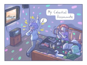 &gt;_&lt; 3girls ahoge alcohol alternate_costume arm_up beer blush can commentary contemporary couch cup drink_can drinking_glass drunk english_commentary english_text ghost_tail green_hair green_hoodie highres holding holding_instrument holding_microphone hood hoodie horikawa_raiko instrument karaoke karaoke_box microphone multiple_girls music musical_note nagae_iku on_couch open_mouth oysterfried pants power_item_(touhou) purple_hair purple_shirt red_hair shirt short_sleeves singing sitting smile soga_no_tojiko speaker spoken_musical_note sweat sweater table tambourine television touhou