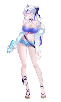 1girl absurdres ahoge aokumo_rin bare_shoulders belt bikini blue_bikini blue_choker blue_eyes blue_shorts bow breasts buyange choker cleavage colored_eyelashes criss-cross_halter cutoffs denim denim_shorts full_body hair_bow halterneck highres holding holding_water_gun huge_breasts jacket long_hair long_sleeves looking_at_viewer loose_belt micro_shorts multicolored_hair navel off_shoulder open_clothes open_fly open_jacket open_mouth ponytail sandals shorts simple_background smile solo spaghetti_strap stellive stomach streaked_hair string_bikini swimsuit thighs two-tone_hair very_long_hair virtual_youtuber water_gun white_background white_eyelashes white_hair white_jacket