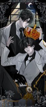 Rule 34 | 2boys, absurdres, alternate costume, black eyes, black hair, black necktie, black shirt, black vest, coat, collared shirt, condensation, cowboy shot, crescent, crown, curtains, demon horns, gold trim, hair between eyes, hair over one eye, hand on another's headwear, hayu beck, heterochromia, highres, holding, holding crown, horns, kim dokja, looking at viewer, male focus, multiple boys, necktie, night, omniscient reader's viewpoint, red eyes, shirt, short hair, vest, white coat, white necktie, white shirt, white vest, window, window fog, window light, yellow eyes, yoo joonghyuk