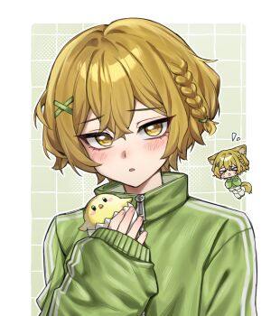 Rule 34 | > <, 1boy, 1mingk, animal, animal ears, baby animal, bird, blonde hair, blush, border, braid, chibi, chibi inset, chick, commentary, crossed bangs, crying, dog ears, dog tail, facing viewer, fingernails, green background, green shoes, green track suit, grid background, hair between eyes, hair ornament, hairclip, highres, holding, holding animal, leg warmers, limbus company, looking at viewer, male focus, notice lines, open mouth, port, project moon, shoes, shorts, side braid, sinclair (project moon), sleeves past wrists, solo, tail, tears, track suit, untranslatable commentary, white border, white leg warmers, white shorts, white trim, x hair ornament