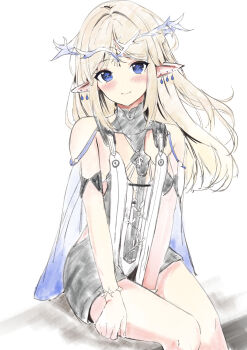 1girl absurdres aizawa_(aizawatsu) bare_shoulders black_dress blonde_hair blue_eyes blush breast_curtains cartethyia_(wuthering_waves) closed_mouth commentary dress earrings flat_chest halo highres jewelry long_hair looking_at_viewer pointy_ears simple_background sitting sketch smile solo tabard tacet_mark_(wuthering_waves) thighs white_background white_tabard wuthering_waves