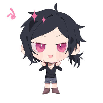 1girl :3 :d ahoge ankle_boots ashley_graves black_choker black_hair black_shirt boots bra_strap breasts bright_pupils brown_boots chibi chibi_only choker cleavage clenched_hands commentary denim denim_shorts english_commentary full_body grey_shorts hands_on_own_cheeks hands_on_own_face hands_up highres jitome long_sleeves looking_at_viewer low_side_ponytail open_mouth pink_eyes shirt short_hair short_side_ponytail shorts side_ponytail simple_background sleeves_past_wrists small_breasts smile solo sparkle standing straight-on tantantan21 the_coffin_of_andy_and_leyley v-shaped_eyebrows white_background white_pupils