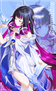 1girl absurdres algamja animal bare_shoulders bird bird_on_hand black_hair character_name choker closed_eyes closed_mouth collarbone columbina_(genshin_impact) commentary_request dove genshin_impact hair_ribbon highres long_hair long_sidelocks multicolored_hair pink_eyes pink_hair ribbon sidelocks solo very_long_hair white_choker white_mask white_ribbon wrist_ribbon