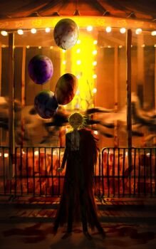 :| backlighting balloon black_coat black_pants blood blood_on_clothes blood_on_ground blood_splatter carousel closed_mouth coat collared_shirt don_quixote_(project_moon) dress_shirt fur_scarf hair_between_eyes highres holding holding_balloon lapels limbus_company looking_at_viewer necktie orange_necktie pants project_moon raised_eyebrows red_eyes red_scarf sancho_(project_moon) scarf shaded_face shirt short_hair u87654321111111 wavy_hair white_shirt