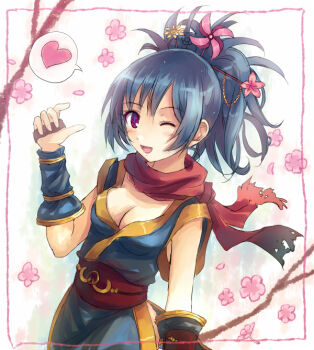 1girl blue_hair blue_kimono blush breasts cherry_blossoms cleavage commentary_request cowboy_shot crescent crescent_pin folded_ponytail hair_ornament hair_stick heart japanese_clothes kimono looking_at_viewer medium_breasts medium_hair ninja ninja_(ragnarok_online) obi one_eye_closed open_mouth pinwheel_hair_ornament ragnarok_online red_sash red_scarf sash scarf smile solo spoken_heart yakka
