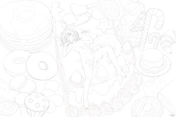 1girl absurdres animal_ears blonde_hair breasts cake cake_slice candy completely_nude cream cream_on_body flat_chest flatculture food fox_ears fox_girl full_body greyscale highres kudamaki_tsukasa licking licking_finger lineart loli looking_at_viewer lying monochrome nipples nude on_back on_food oversized_food oversized_object pancake pudding pussy small_breasts solo test_tube touhou unconnected_marketeers variant_set yellow_eyes