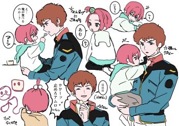 1boy 1girl aged_down amate_yuzuriha amuro_ray aqua_eyes brown_hair carrying carrying_person char's_counterattack closed_eyes closed_mouth commentary_request earth_federation fuji_(f_ukkami) gundam gundam_gquuuuuux hair_ornament highres holding hood hoodie jacket long_sleeves military military_uniform open_mouth pants red_hair shirt short_hair smile speech_bubble translation_request