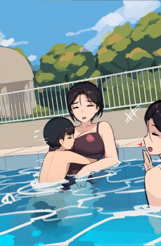 1boy 2girls age_difference akiyama_minato_(pepper0) akiyama_yuko_(pepper0) black_hair black_one-piece_swimsuit black_shorts blue_eyes breasts brown_hair cloud day hetero highleg highleg_one-piece_swimsuit highres incest large_breasts mother_and_son multiple_girls one-piece_swimsuit original outdoors partially_submerged pepper0 pool railing sex short_hair shorts shota sitting sky stealth_sex swim_cap swimsuit topless_male tree