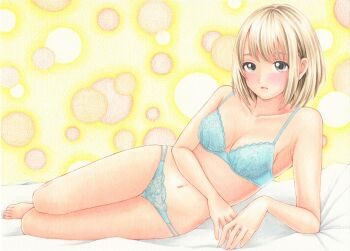 1girl aqua_bra aqua_panties arm_support barefoot blonde_hair blush bra breasts collarbone commentary_request full_body grey_eyes highres large_breasts lingerie lying marker_(medium) medium_hair midori_(mira567) navel on_bed on_side original panties parted_lips reclining solo stomach traditional_media underwear underwear_only variant_set yellow_background