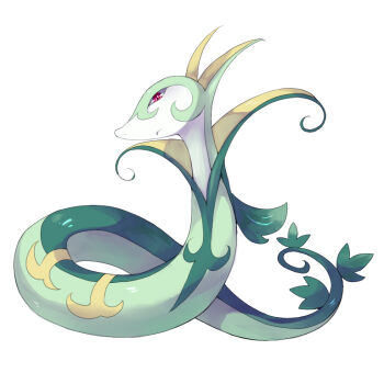 1other commentary facing_to_the_side gen_5_pokemon green_trim leaf looking_at_viewer nintendo pokemon pokemon_(creature) pokemon_focus red_eyes serperior slit_pupils snake snake_tail solo tail turning_head white_background yellow_trim zoiyon