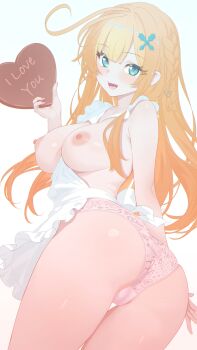 1girl absurdres apron ass between_breasts blonde_hair blue_eyes braid breasts breasts_out cameltoe chocolate clothes_between_breasts cowboy_shot cowlick english_text escoffier_(genshin_impact) food genshin_impact hair_ornament heart heart_in_eye heart_print heart_print_panties highres holding holding_chocolate holding_food holding_heart large_variant_set long_hair looking_at_viewer looking_back medium_breasts mixed-language_commentary nearly_naked_apron neurotic_neko open_mouth panties pasties print_panties smile solo sparkle sparkling_eyes symbol_in_eye underwear variant_set white_apron