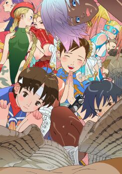 1boy 6+girls absurdres ahoge antenna_hair bare_shoulders bengus beret black_hair blonde_hair blue_eyes blue_sailor_collar blush blush_stickers bodypaint boots bracelet braid brown_eyes brown_hair bun_cover cammy_white camouflage capcom china_dress chinese_clothes chun-li closed_eyes commentary_request dark_skin double_bun dress drill_hair earrings elena_(street_fighter) eye_mask fingerless_gloves flat_chest game_cg gloves green_leotard hair_bun hands_on_own_knees harem hat headband heart highleg highleg_leotard highres ibuki_(street_fighter) jewelry kanzuki_karin kasugano_sakura leotard lipstick long_hair looking_at_viewer makeup makoto_(street_fighter) mask multiple_girls ninja non-web_source official_art open_mouth own_hands_together pantyhose ponytail pov purple_hair rainbow_mika ringlets rose_(street_fighter) ryu_(street_fighter) sailor_collar scar school_uniform serafuku short_hair skirt smile spiked_bracelet spikes squatting street_fighter thighs thong_leotard twin_braids twintails very_dark_skin white_hair