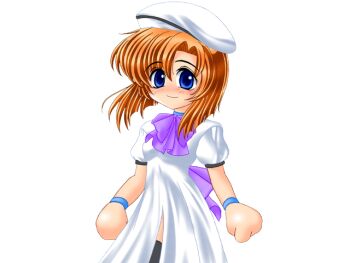 1girl beret black_thighhighs blue_eyes bow bowtie bracelet breasts closed_mouth dress eyes_visible_through_hair game_cg hair_between_eyes hat higurashi_no_naku_koro_ni jewelry large_variant_set light_smile medium_breasts multiple_bracelets no_nose orange_hair parted_bangs purple_bow purple_bowtie ryukishi07 ryuuguu_rena short_hair short_sleeves thighhighs variant_set white_dress white_hat