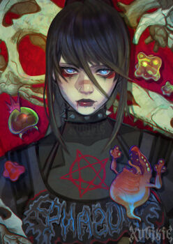 1girl absurdres alternate_hair_color black_hair blue_eyes collar face_piercing goth_fashion highres looking_at_viewer metroid nintendo nose_piercing nose_ring piercing red_background samus_aran signature skull spiked_collar spikes xuuikie_ashe