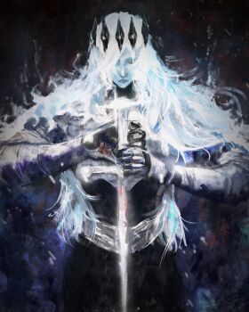 1girl armor artskiddy69 black_gloves blue_skin breastplate closed_eyes colored_skin cowboy_shot crown facing_viewer gloves highres long_hair nephis_(shadow_slave) planted planted_sword planted_weapon shadow_slave solo sword weapon white_hair