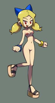 1girl absurdres anime_coloring bare_shoulders blonde_hair blue_bow blue_earrings bow bracelet breasts choker cleft_of_venus colored_skin commission crop_top earing female_focus full_body hair_bow hair_ornament happy high_heels highres incredibly_absurdres jewelry laces looking_at_viewer low_twintails medium_breasts multicolored_hair narrow_waist navel nipples niyuyu nude off_shoulder open_mouth parted_bangs pig_tail pussy red_eyes shantae_(series) shantae_and_the_pirate&#039;s_curse sidelocks sideways_glance simple_background smile solo solo_focus streaked_hair tail third-party_edit toes topless_female twintails twitch_(shantae) variant_set video_game wayforward white_skin wide_hips