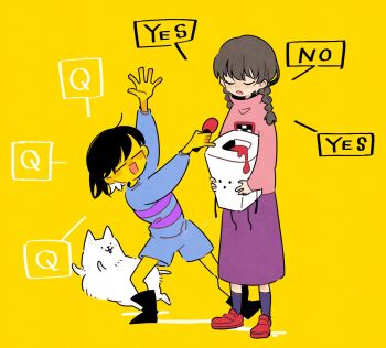 1girl 1other annoying_dog black_hair blue_shorts braid brown_hair closed_eyes dog frisk_(undertale) highres holding holding_microphone interview long_hair madotsuki microphone open_mouth pink_sweater purple_skirt shirt short_hair shorts skirt smile striped_clothes striped_shirt sweater tamanoha_(cookware) twin_braids undertale utdr_(toby_fox) yellow_background yume_nikki