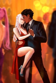 1boy 2girls absurdres bare_legs black_pants black_suit breasts brown_hair claude_von_riegan cleavage clothing_cutout dancing dark-skinned_male dark_skin dress edelgard_von_hresvelg fire_emblem fire_emblem:_three_houses formal_clothes green_eyes hand_on_another's_back hetero high_heels highres hilda_valentine_goneril hip_vent holding_hands leg_up long_hair looking_at_another multiple_girls nintendo pants party purple_eyes red_dress sethkiel shoes short_hair side_slit small_breasts smile suit twintails white_hair