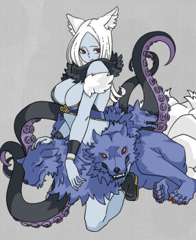 1girl animal_ears black_shoes blue_skin bracelet breasts cerberus cleavage colored_skin dog_ears fur_collar grey_background jewelry kneeling large_breasts monster_girl multiple_heads nikakukei0 red_eyes scylla scyllei shinrabanshou shoes solo strapless tail tentacles tube_top white_hair white_tail wolf