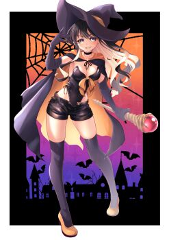 1girl absurdres black_hair black_thighhighs blush border breasts cape elbow_gloves full_body gloves halloween halloween_costume hat highres holding holding_staff kantai_collection large_breasts leotard leotard_under_clothes long_hair makura_(y_makura) multicolored_hair naganami_(kancolle) pink_hair shorts smile solo staff strapless strapless_leotard thighhighs two-tone_hair wavy_hair white_border witch_hat