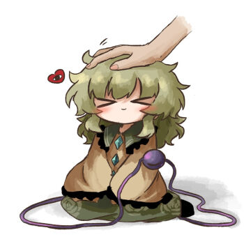 &gt;_&lt; 1girl 1other chibi green_skirt headpat heripantomorrow komeiji_koishi long_sleeves shirt simple_background skirt smile third_eye touhou white_background yellow_shirt