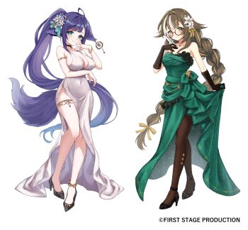 2girls absurdres arm_under_breasts bare_shoulders black_gloves black_pantyhose black_shoes breasts brown_hair cleavage closed_mouth commentary_request copyright_name dress elbow_gloves first_stage_production full_body glasses gloves green_dress green_eyes grey_dress hand_up high_heels highres himemiya_honoka_(ichipro) holding_own_dress key_visual large_breasts long_hair looking_at_viewer multiple_girls official_art pantyhose ponytail promotional_art purple_hair red-framed_eyewear semi-rimless_eyewear shikimori_kotori shoes simple_background sleeveless sleeveless_dress smile standing strapless strapless_dress very_long_hair virtual_youtuber wanatsu_15 white_background