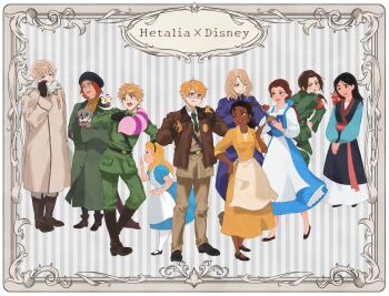 5boys 5girls alice&#039;s_adventures_in_wonderland alice_(alice_in_wonderland) america_(hetalia) anastasia_(1997) animal animal_ears animal_nose anya_(anastasia) apron armband axis_powers_hetalia back_bow baggy_pants bandaged_leg bandages beauty_and_the_beast_(disney) belle_(disney) belt beret black-framed_eyewear black_belt black_boots black_bow black_dress black_eyes black_gloves black_hair black_hairband black_hat black_necktie black_shoes blonde_hair blue_bow blue_dress blue_eyes blush book boots bow bow_hairband brown_belt brown_boots brown_eyes brown_hair brown_jacket brown_pants bun_(food) buttons capelet cat_tail cheshire_cat_(alice_in_wonderland) china_(hetalia) chinese_clothes closed_eyes closed_mouth coat collared_dress collared_jacket collared_shirt country_connection covering_own_mouth crossover dark-skinned_female dark_skin disney dog dog_ears dragon dress eyeshadow fa_mulan_(disney) flower food france_(hetalia) frills full_body fur-trimmed_jacket fur_trim glasses gloves green_coat green_eyes green_jacket green_necktie green_pants green_shirt hair_bow hairband hand_on_own_chin hand_on_own_hip hand_up hands_up hat highres holding holding_book holding_flower holding_food holding_spoon invisible jacket jewelry lapels lips long_hair long_sleeves looking_at_another low_ponytail makeup mandarin_collar medal military_jacket military_uniform mulan_(movie) multiple_boys multiple_girls mushu_(disney) necklace necktie one_eye_closed open_book open_clothes open_jacket open_mouth orange_dress orange_eyes orange_hair pants pantyhose pet pinafore_dress pink_sash pocket ponytail puffy_long_sleeves puffy_short_sleeves puffy_sleeves purple_capelet purple_eyeshadow purple_jacket red_armband red_flower red_pants red_rose rose russia_(hetalia) sash scared scarf semi-rimless_eyewear shirt shoes short_hair short_sleeves sidelocks sleeveless sleeveless_dress smile soji_777 spoon standing star_(symbol) star_ornament star_print striped_background sweatdrop tail teeth the_princess_and_the_frog_(disney) tiana_(the_princess_and_the_frog) tongue tongue_out united_kingdom_(hetalia) white_apron white_background white_bow white_coat white_pantyhose white_scarf white_shirt wide_sleeves yellow_dress yellow_eyes