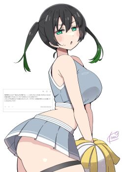 1girl arched_back ass black_hair blush breasts cheerleader crop_top embarrassed from_side gradient_hair green_eyes green_hair grey_panties grey_shirt grey_skirt japanese_text kooei large_breasts love_live! love_live!_nijigasaki_high_school_idol_club medium_hair miniskirt multicolored_hair open_mouth panties panty_peek pom_pom_(cheerleading) request_inset shirt signature skirt sleeveless sleeveless_shirt solo standing sweat takasaki_yu thick_thighs thigh_strap thighs twintails underwear upskirt white_background