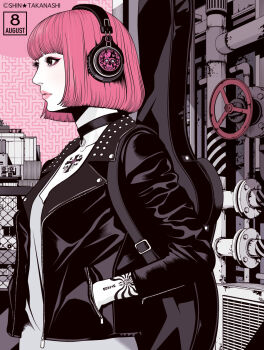 1girl artist_name black_collar black_jacket blunt_bangs building chain-link_fence chest_tattoo closed_mouth collar collarbone commentary_request cross_tattoo eyelashes eyeshadow fence flat_color from_side guitar_case hand_in_pocket headphones instrument_case jacket leather leather_jacket looking_to_the_side makeup open_clothes open_jacket original pale_skin pink_background pink_eyes pink_eyeshadow pink_hair pink_lips pink_sky shirt short_hair skull_print sky solo takanashi_shin tattoo upper_body valve white_shirt zipper_pull_tab