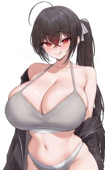 1girl :q alternate_costume alternate_hairstyle azur_lane black_hair black_jacket breasts cleavage grey_panties grey_sports_bra hair_between_eyes highres huge_breasts jacket kuavera long_hair long_sleeves looking_at_viewer navel open_clothes open_jacket panties ponytail red_eyes solo sports_bra sports_panties stomach taihou_(azur_lane) tongue tongue_out underwear very_long_hair